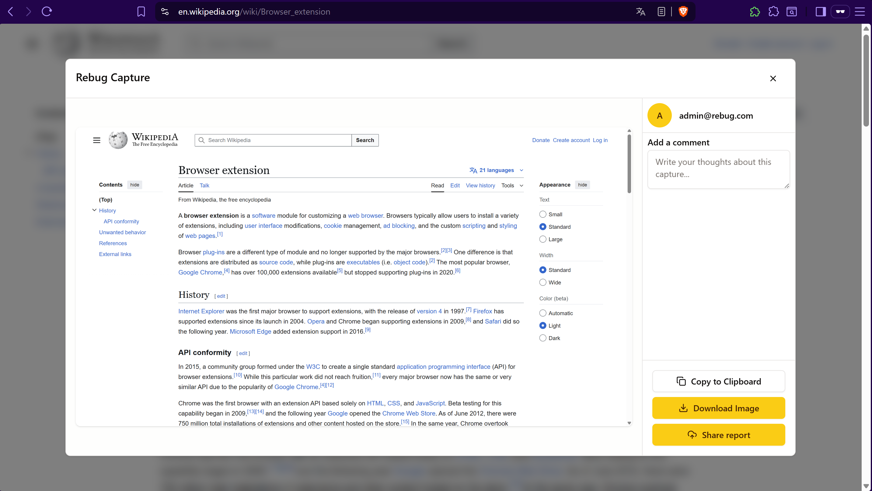 Screenshot modal with actions
