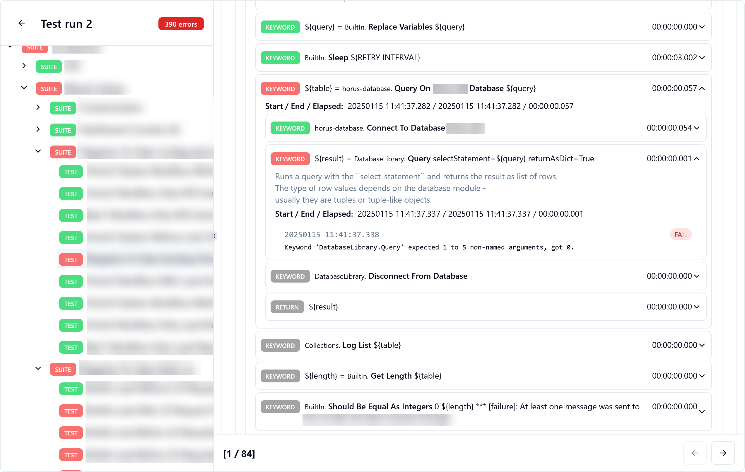 A test run failing test investigation, with failing keywords