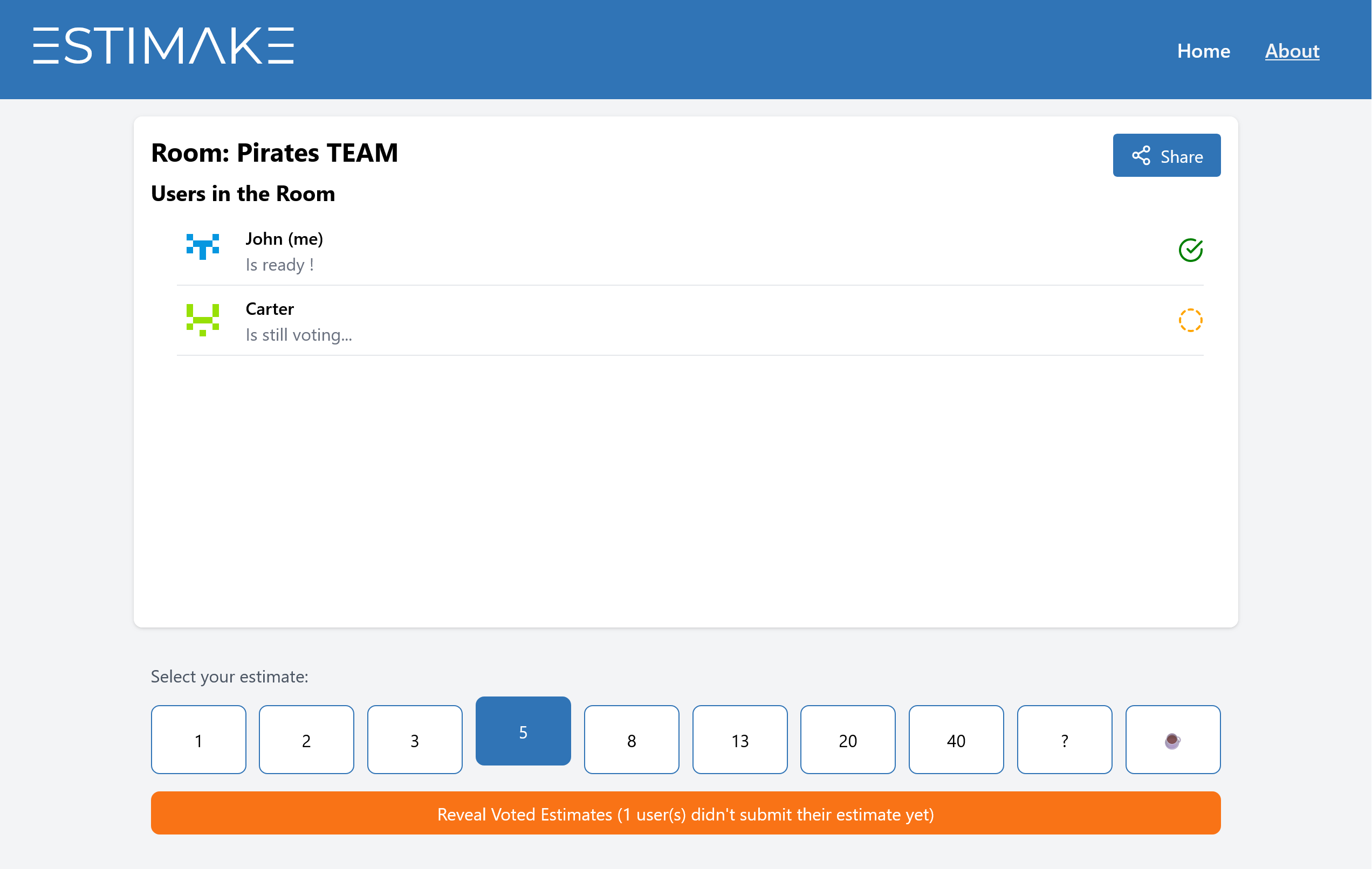 A room with two users, votes are in progress