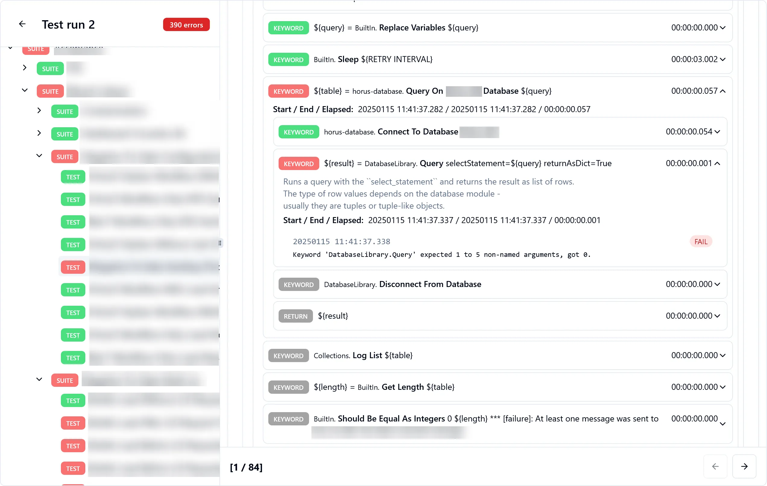 A test run failing test investigation, with failing keywords